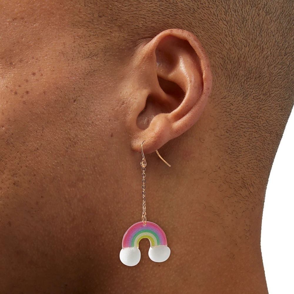 Claire's Gold-tone Pink and White Pom Pom Rainbow Pierced Fish hook Earrings - Picture 2 of 7